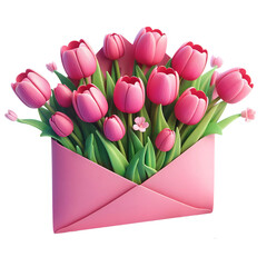 Pink Tulips flowers placed inside an open Pink envelope for women's day, mother's day, valentine's day. Generative AI