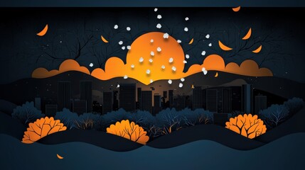 Cityscape at Night with Full Moon Illuminating Urban Skyline and Streets