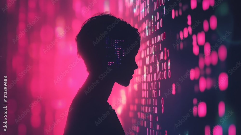 Poster silhouette of person with digital binary background and neon lights