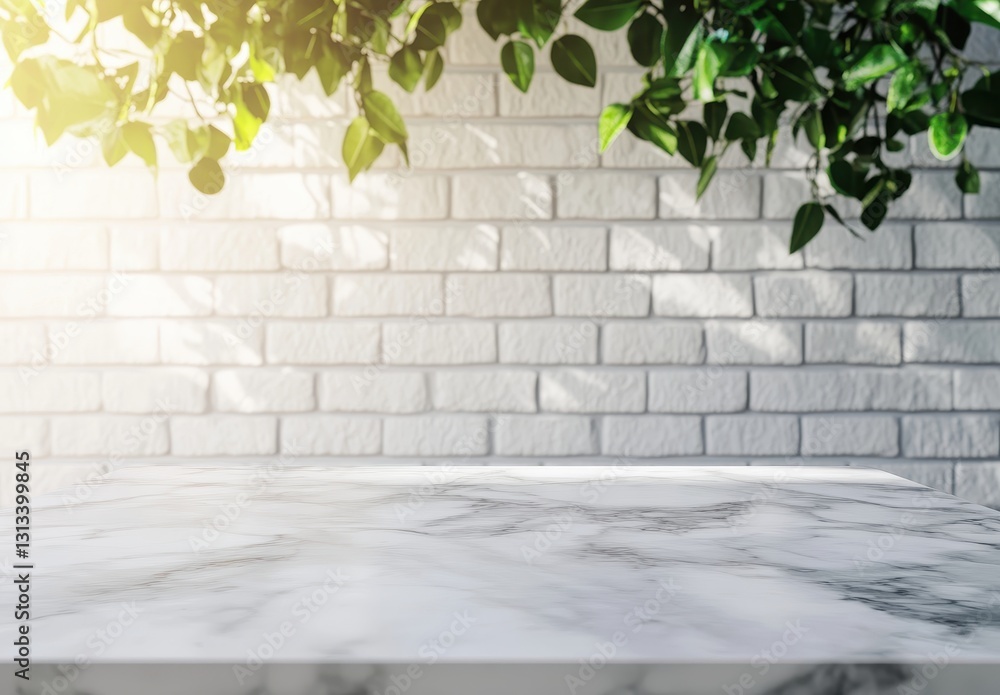 Poster bright and airy surface with marble texture surrounded by green leaves and illuminated wall in soft 