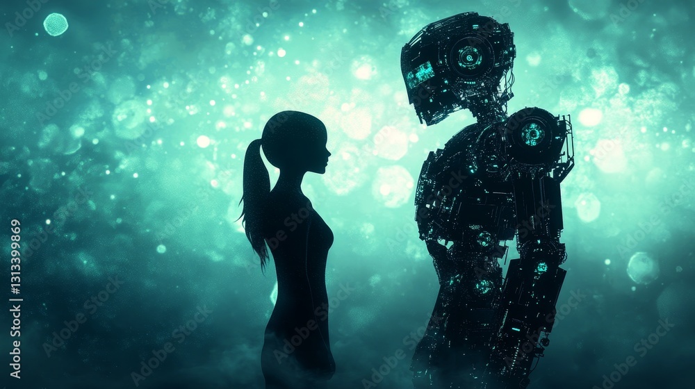 Poster human and robot silhouette interaction in futuristic setting
