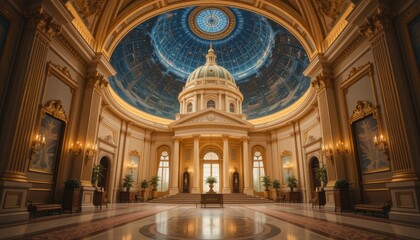 Obraz premium Grand Hall Interior Design Luxurious Golden Palace with Celestial Dome