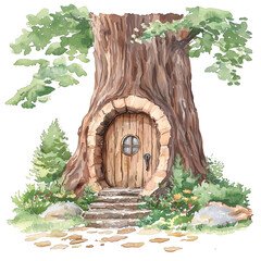 Enchanted woodland tree with a charming door and foliage