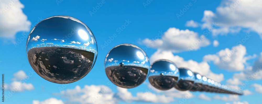 Poster shiny metallic spheres float against a vibrant blue sky dotted with fluffy clouds, creating a surrea
