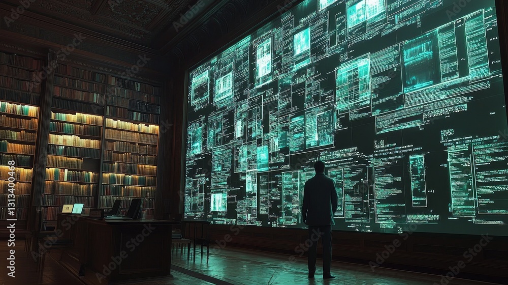 Poster person observing digital data on screen in modern library setting