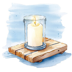 Candle in Glass Jar on Wooden Platform with Soft Background