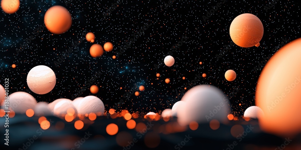 Poster a vibrant scene depicting floating spheres in space, with a backdrop of stars and a mix of orange an