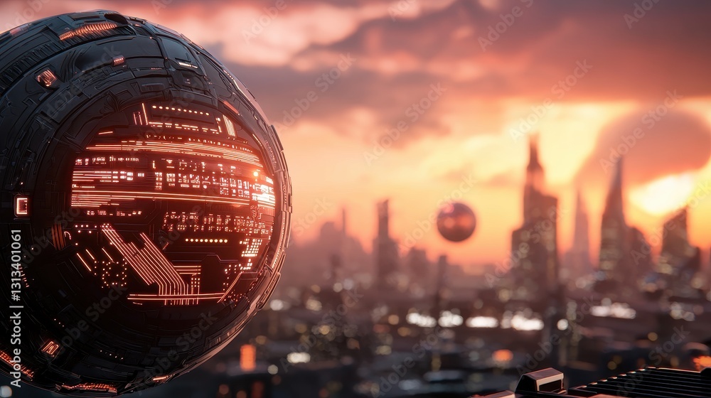 Poster a futuristic city skyline at sunset featuring glowing spherical structures, combining technology and