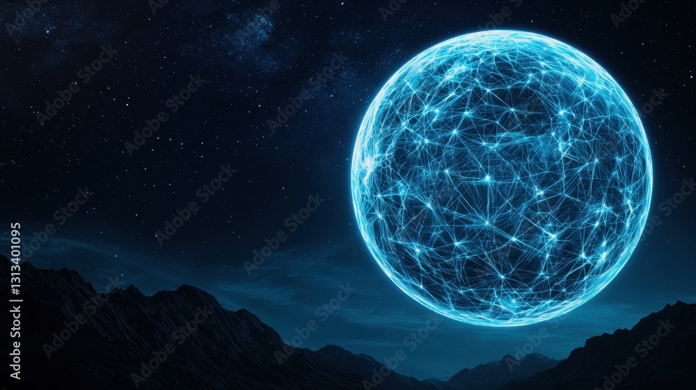 Poster a luminous, blue globe in a starry sky, interconnected by glowing lines, evokes a sense of digital n