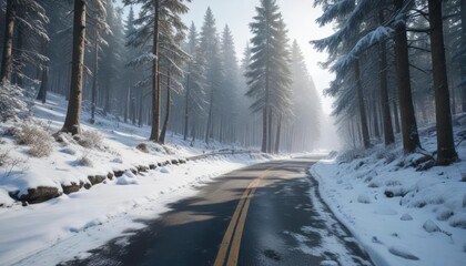 Obraz premium Icy road cutting through a snowy forest on a cold winter day, road, icy, cold