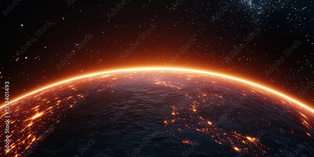 Poster a breathtaking view of a planet's horizon illuminated by warm orange light, set against a backdrop o