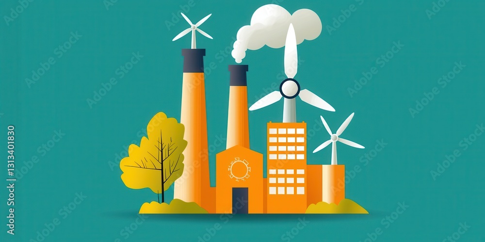 Poster a colorful illustration of a factory with smokestacks and wind turbines, symbolizing the blend of in