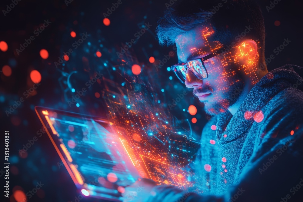 Poster a man is using a laptop in front of a colorful background