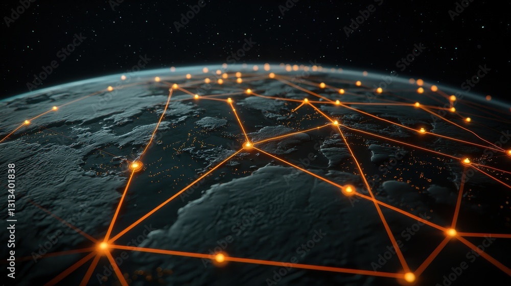 Poster A digital depiction of Earth showcasing interconnected networks and nodes, symbolizing global connectivity and technology.
