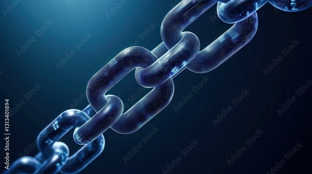 Poster A close-up view of a shiny metal chain links against a dark background, highlighting its texture and reflective surface.