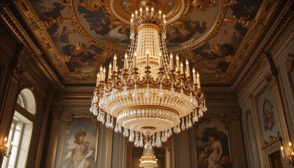 Grand Crystal Chandelier in Luxurious Gold Room Interior Elegant Palace Design