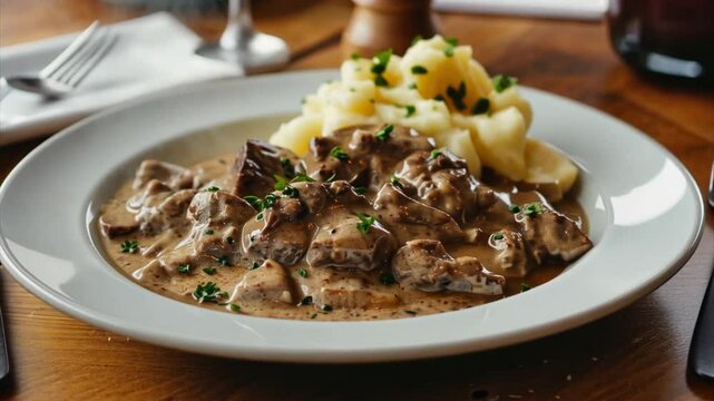 Beef stroganoff dish with gravy and mashed potatoes on white plate on wooden table