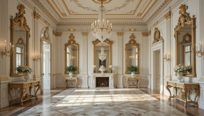 Elegant Gold and White Grand Ballroom Interior Design with Crystal Chandelier
