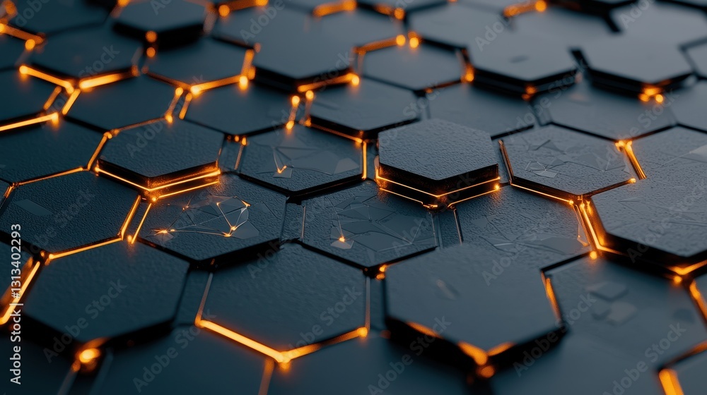 Poster A close-up view of hexagonal tiles glowing with a warm light, creating an intricate and modern geometric pattern.
