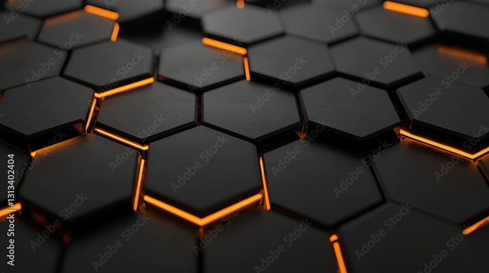 Poster a sleek, dark hexagonal pattern illuminated by subtle orange accents, creating a modern and futurist