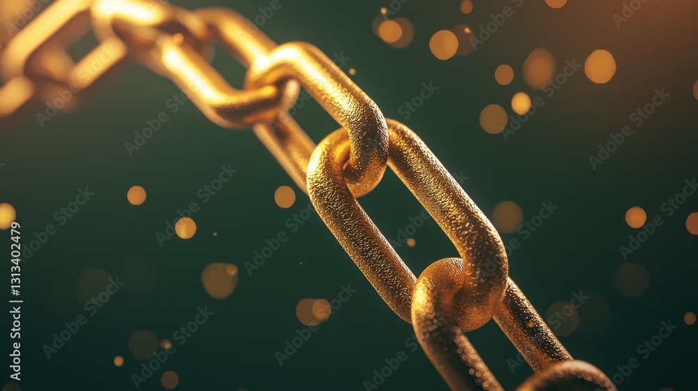 Poster a close-up image of a golden chain link against a blurred, sparkling background, showcasing its text