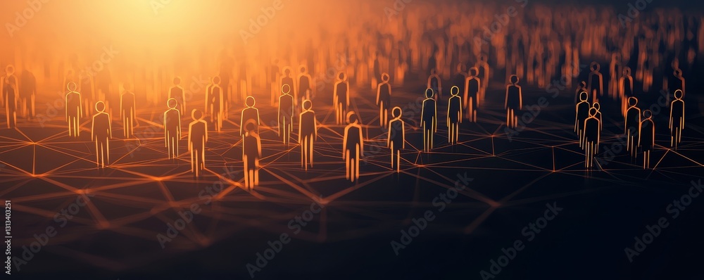 Poster a digital landscape featuring numerous abstract human figures connected in a network, illuminated by