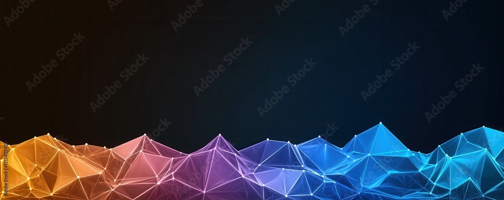 Poster a colorful, abstract digital landscape featuring geometric shapes and a gradient background, creatin