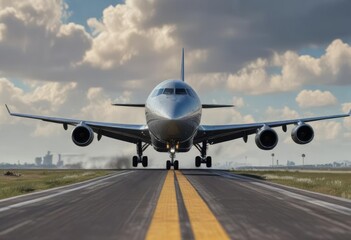 Jetliner on final descent as it touches down on the runway, airplane landing at sunset, sky