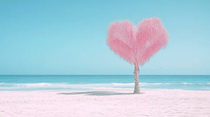 Tranquil beach vista with a pastel pink heart shaped tree under a turquoise sky for a love themed romantic beach getaway vibe