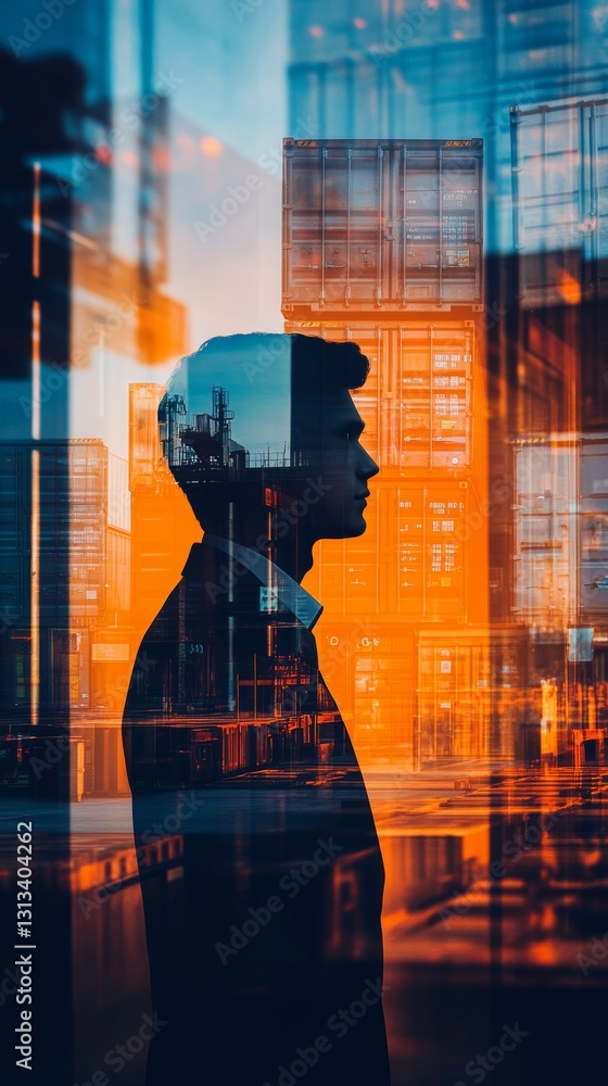 Poster a man is standing in front of a building with a city skyline in the background