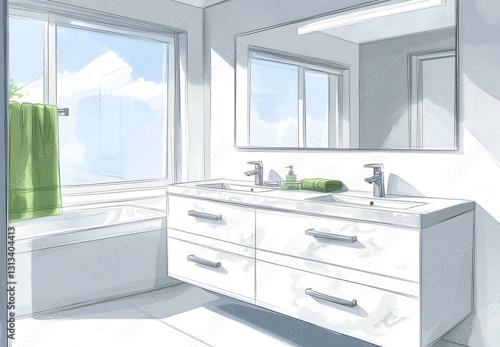 Poster bright and modern bathroom with large windows and minimalist design features natural light and soft 