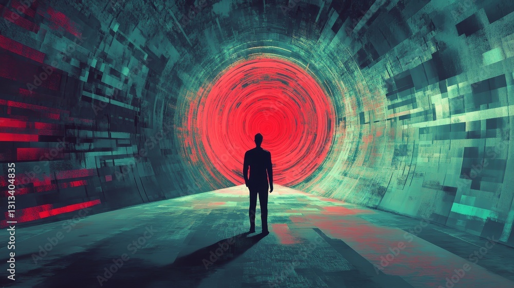 Poster a man stands in a tunnel with a red circle in the middle