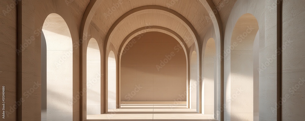 Aufkleber A serene architectural space featuring a series of elegant arches and soft light, creating a harmonious and spacious atmosphere.