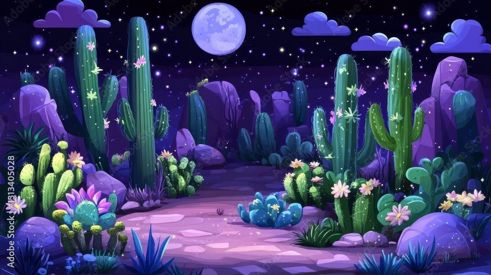 Poster nighttime pixel art desert landscape with cacti and moon creating a serene retro game environment an