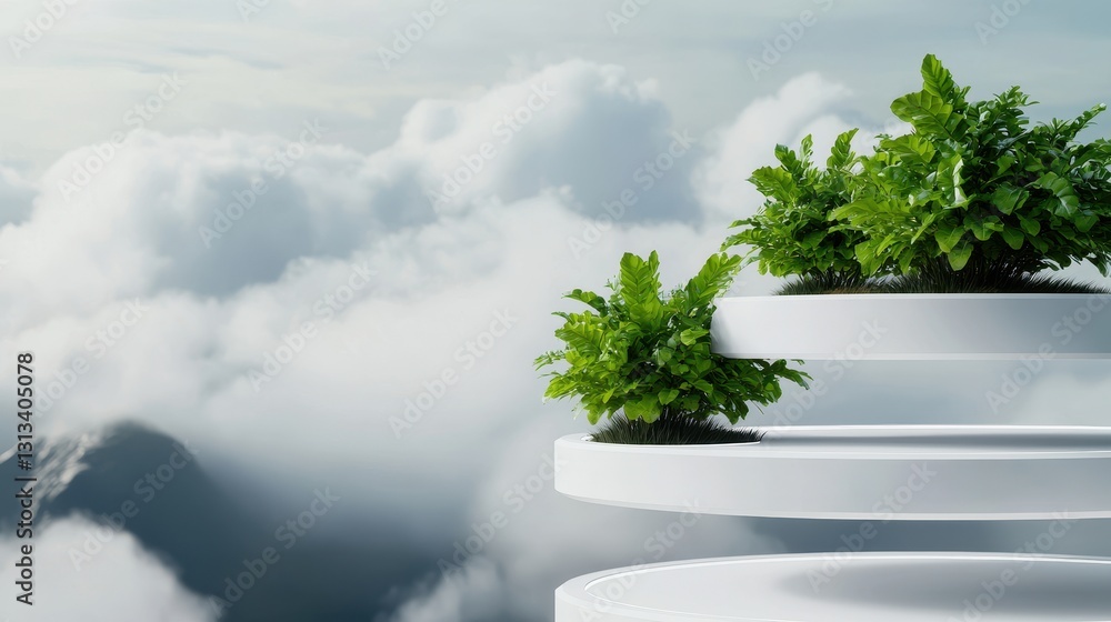 Poster a modern plant display with lush greenery sits atop white circular stands, surrounded by soft clouds