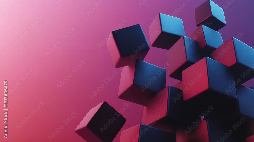 Poster a vibrant composition of floating geometric cubes against a gradient background, showcasing a modern