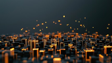 Obraz premium A digital cityscape with glowing orange structures, creating a futuristic, abstract aesthetic against a dark background.