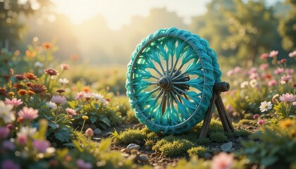 Serene Teal Yarn Wheel in a Sunlit Flower Garden Tranquil Spring Scene