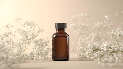 A brown glass bottle surrounded by delicate white flowers