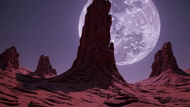 A Surreal Landscape of Red Rock Formations Beneath a Massive Illuminated Moon, Exploring the Wonder and Mystery of Otherworldly Terrain