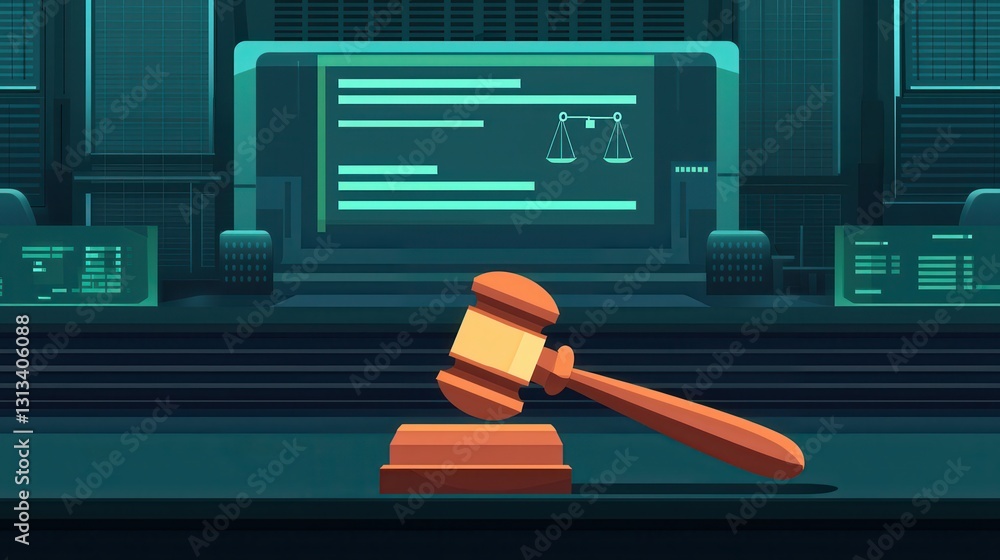 Poster a digital illustration of a gavel placed on a desk, with a glowing computer screen displaying legal 