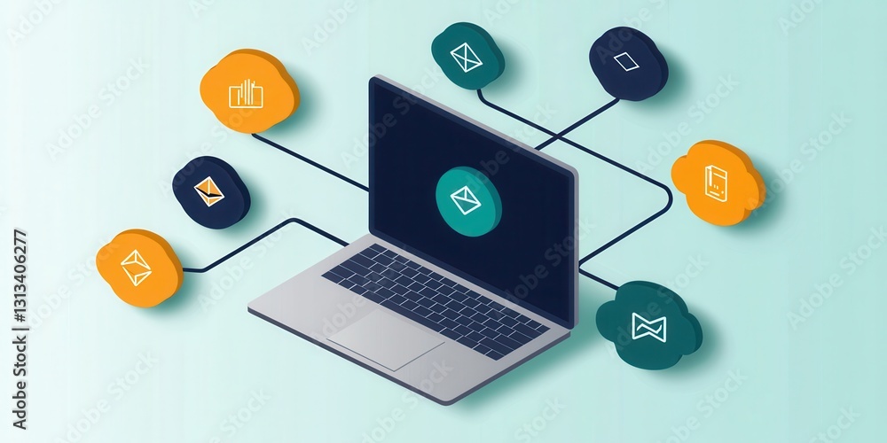 Poster a modern laptop surrounded by colorful icons representing various digital tools and data connections