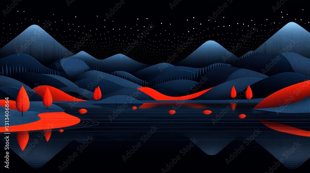 Poster voxelated nocturne landscape digital art with geometric mountains and serene reflection against a pi