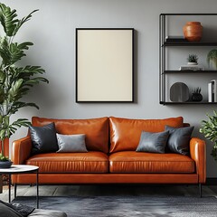Empty blank poster frame mockup on a white wall, interior design of a modern living room with a brown leather sofa and black shelves, natural light, 