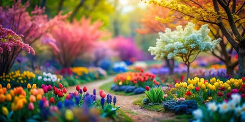 Obraz premium Vibrant Spring Botanical Garden, Miniature Tilt-Shift Illustration