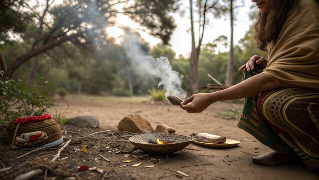 Indigenous smudge ceremony Person burn sage seashell smoke waft woodland clear Earthy natural