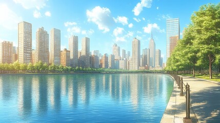 Obraz premium Urban tranquility cityscape reflecting in serene lake against sunny sky a blend of nature and architecture offering a peaceful escape