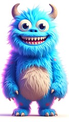 Naklejka premium A friendly, bright blue monster with horns and a big smile.