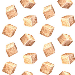 Brown sugar cubes. Seamless pattern. Hand drawn watercolor illustration. Product of sugar cane processing. Natural sweet food design. Ingredient for cooking, spice. Template for food design, packaging