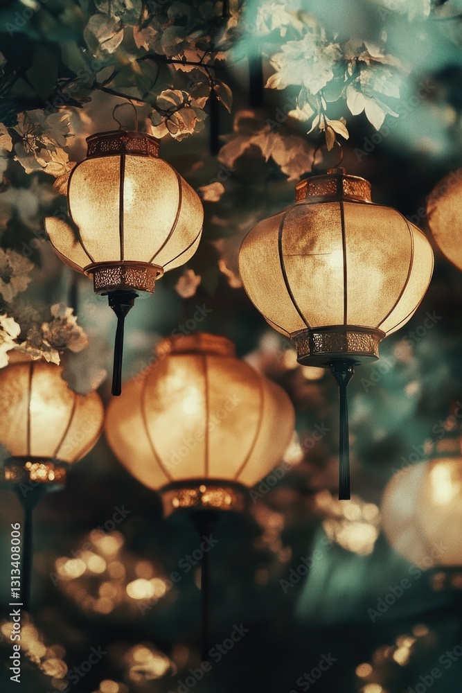 Aufkleber the image depicts an enchanting scene of hanging lanterns, creating a warm and inviting atmosphere f